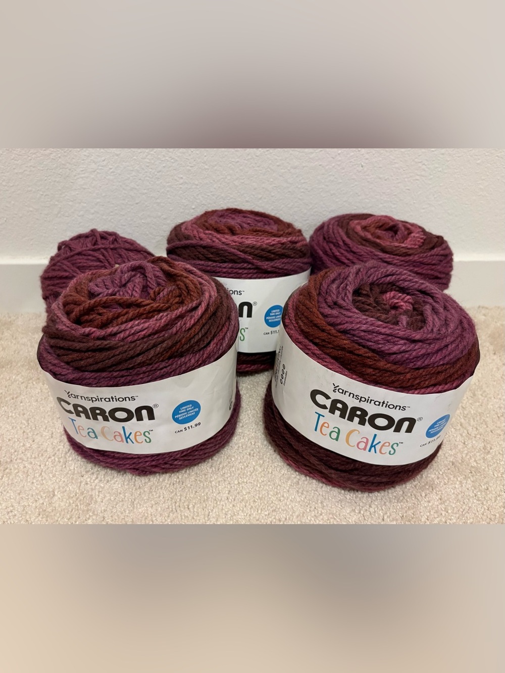 Caron Tea Cakes Wild Cherry Acrylic and Wool Blanket Yarn: 5 Skeins in Size 6